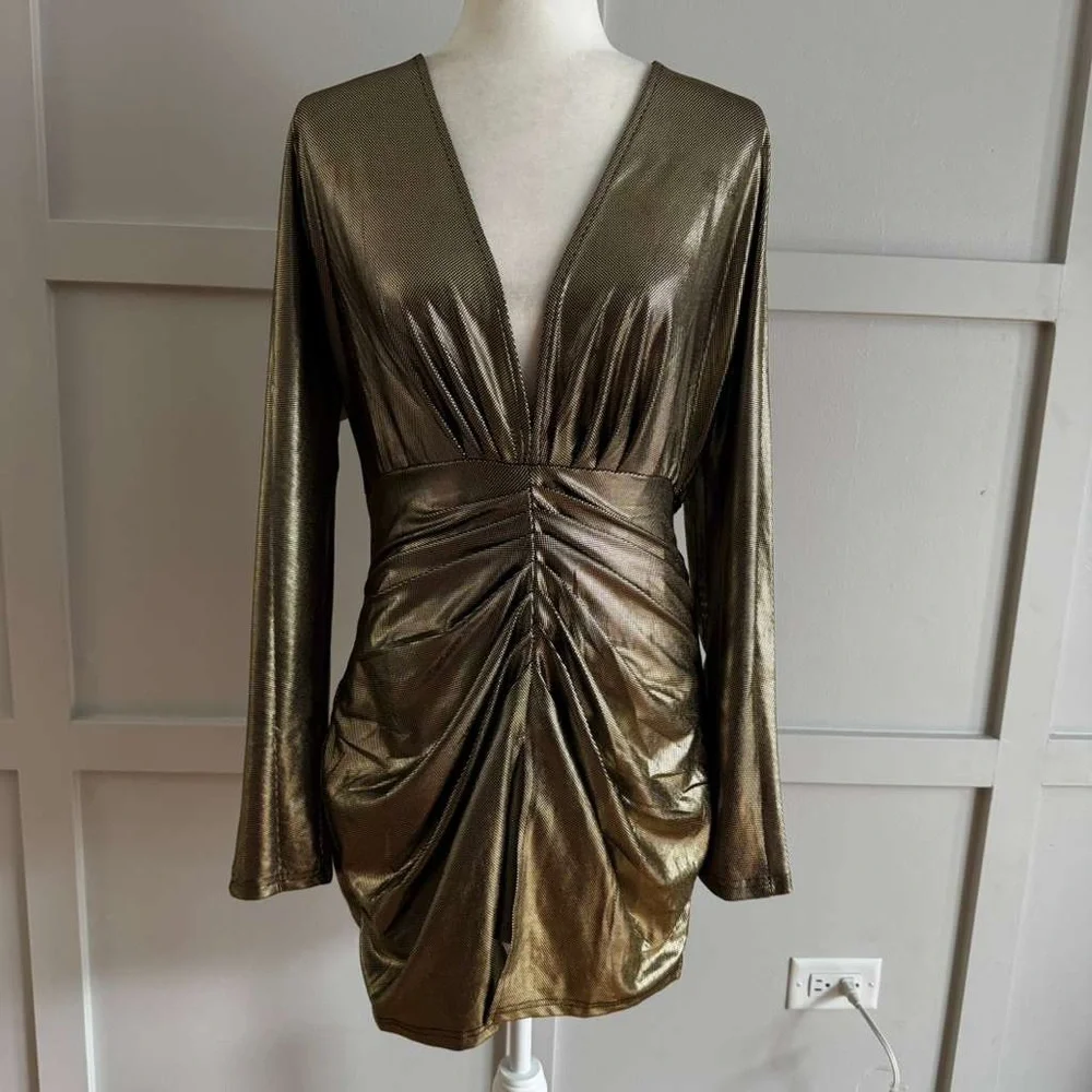 Kohl's Gold Metallic Plunging Ruched Mini Dress - Picture 4 of 7